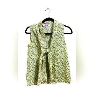 Light Yellow Geometric Suit Blouse White and Blue Details Scarf Neck, Size XS